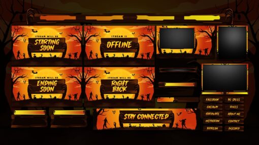 spooky twitch overlay package for halloween with zombies graveyard bats