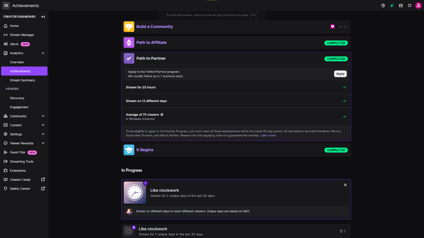 twitch partner achievements
