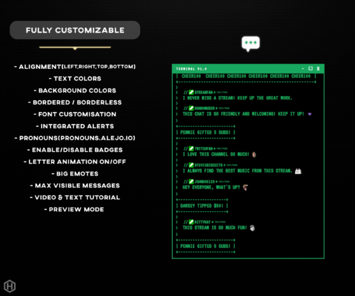 list of customisation options for hacker chat widget